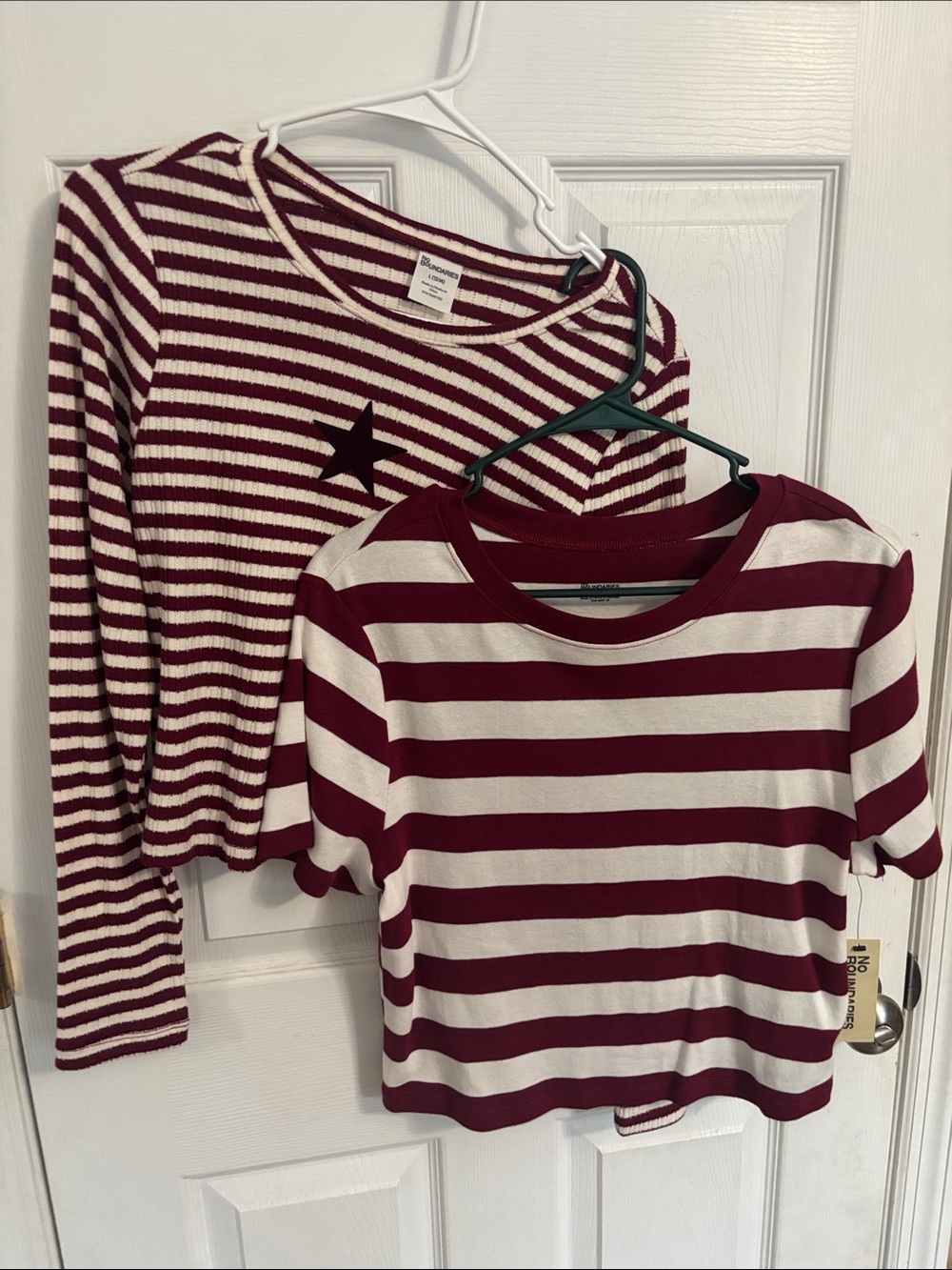 No Boundaries Burgundy and White Striped Short Sleeve Tee & long sleeve Star
